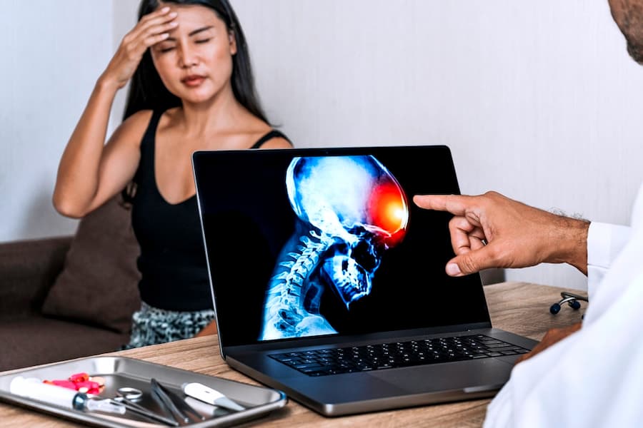Doctor showing a x-ray of pain in the brain on a laptop